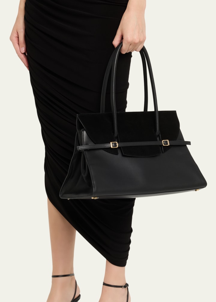 Leather and suede structured shoulder tote
