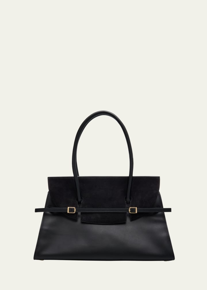 Leather and suede structured shoulder tote