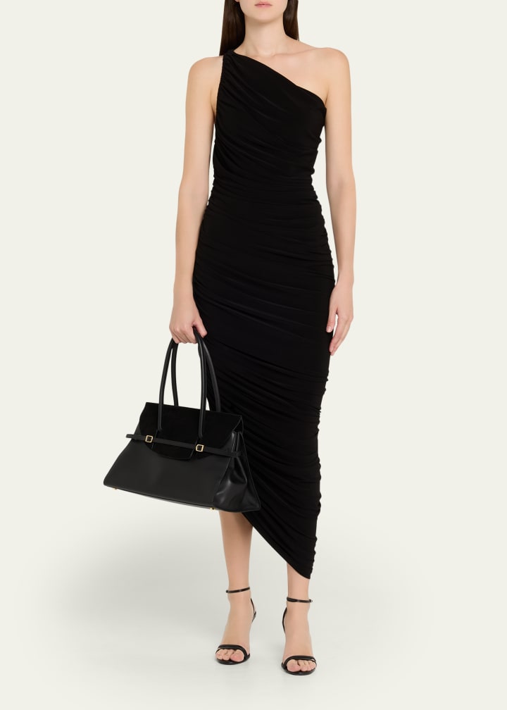 Leather and suede structured shoulder tote