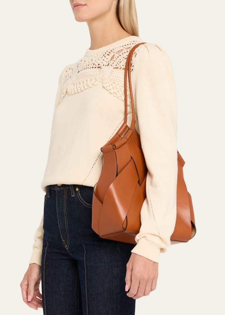 Handwoven leather basket-style shoulder tote