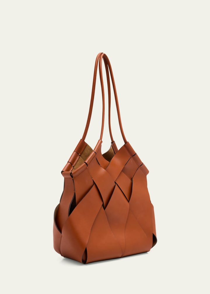 Handwoven leather basket-style shoulder tote