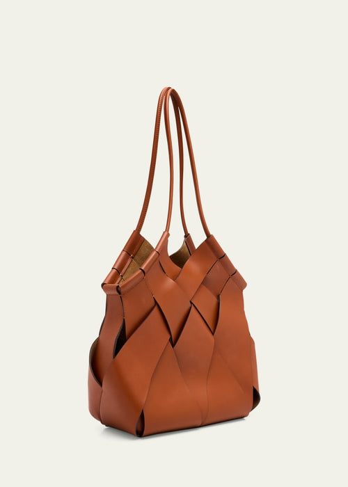 Handwoven leather basket-style shoulder tote