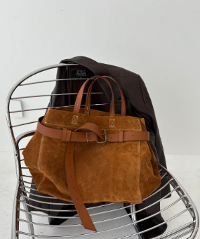 Belted suede everyday tote bag